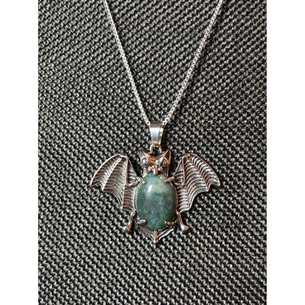 Stainless Steel Bat Pendant Necklace Green Moss Agate Gothic Goth Jewelry